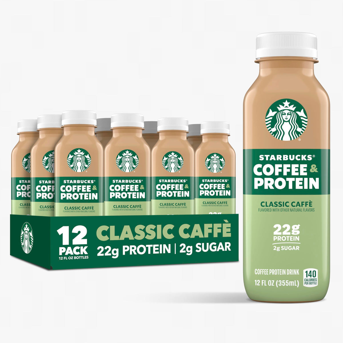Starbucks Coffee & Protein, Caffe Mocha, 12 fl oz Bottles, (12 Pack), 22g Protein, 2g Sugar, No Added Sugar, 5g Prebiotic Fiber, High Protein Iced Coffee