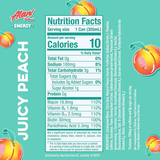 Alani Nu JUICY PEACH, Sugar Free, Low Calorie Energy Drinks, 200mg Caffeine, Biotin, B Vitamins, Zero Sugar, 10 Calories, 12 Fl Oz Cans, 24 Pack