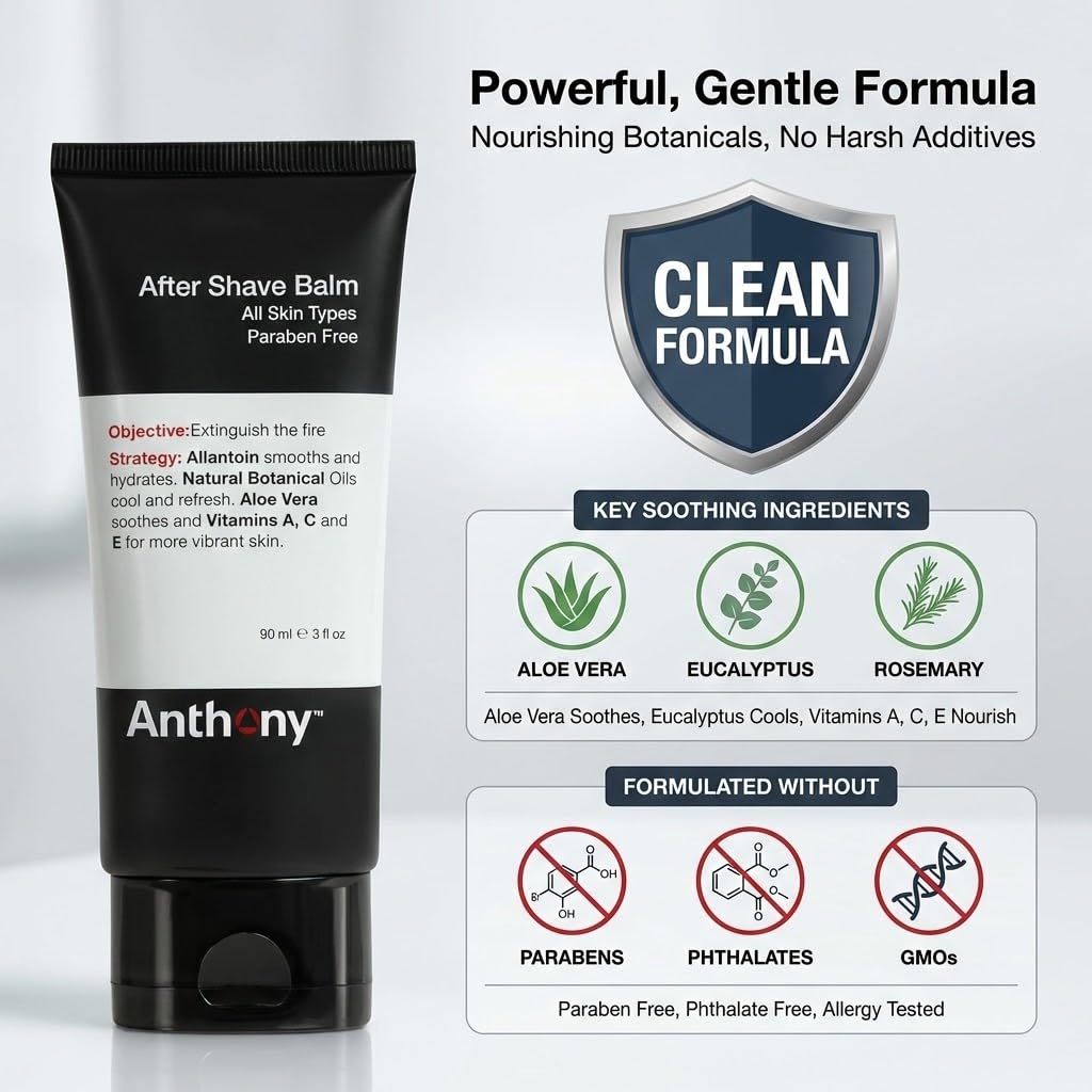 Anthony After Shave Balm for Men, Cooling & Hydrating Lotion with Vitamins A, C & E, Aloe Vera & Botanical Extracts, 3 fl oz, Aftershave Soothes, Moisturizes & Nourishes Skin, Reduces Razor Burn