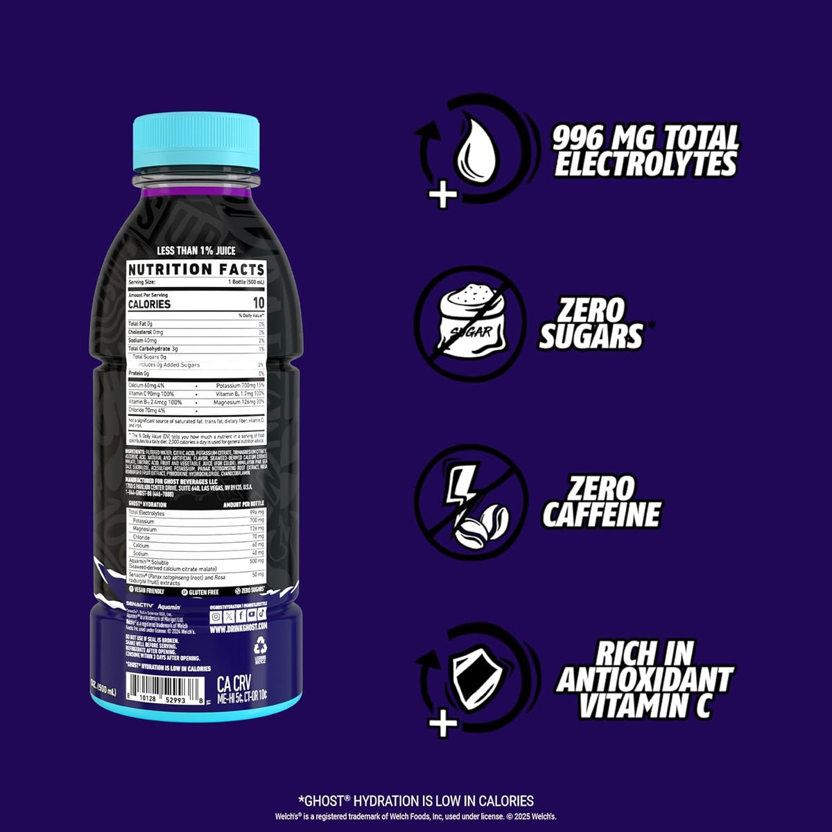 GHOST Hydration Drink, Zero Sugar, 12 Pack, Welch’s Grape - 16.9 Fl Oz