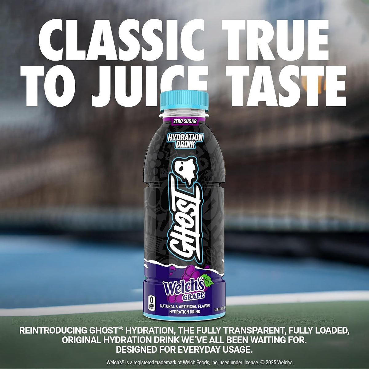 GHOST Hydration Drink, Zero Sugar, 12 Pack, Welch’s Grape - 16.9 Fl Oz