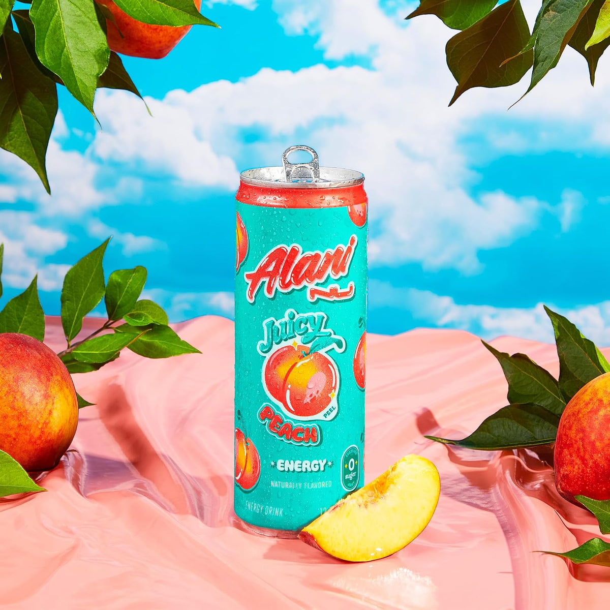Alani Nu JUICY PEACH, Sugar Free, Low Calorie Energy Drinks, 200mg Caffeine, Biotin, B Vitamins, Zero Sugar, 10 Calories, 12 Fl Oz Cans, 24 Pack