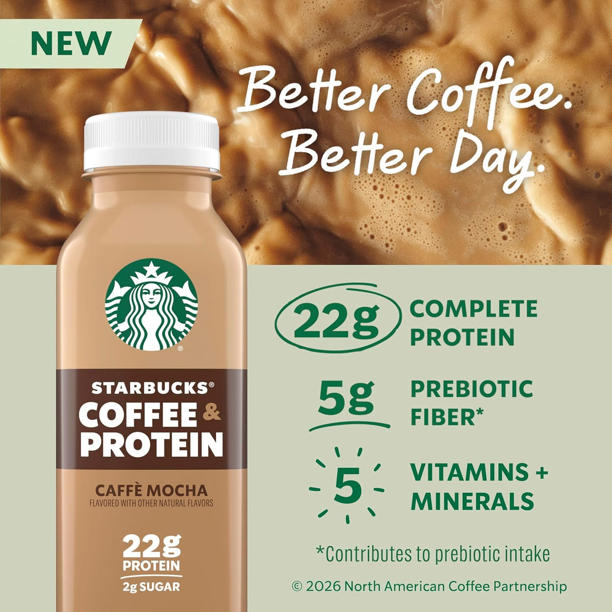 Starbucks Coffee & Protein, Caffe Mocha, 12 fl oz Bottles, (12 Pack), 22g Protein, 2g Sugar, No Added Sugar, 5g Prebiotic Fiber, High Protein Iced Coffee