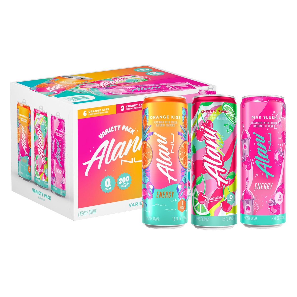 Alani Nu JUICY PEACH, Sugar Free, Low Calorie Energy Drinks, 200mg Caffeine, Biotin, B Vitamins, Zero Sugar, 10 Calories, 12 Fl Oz Cans, 24 Pack