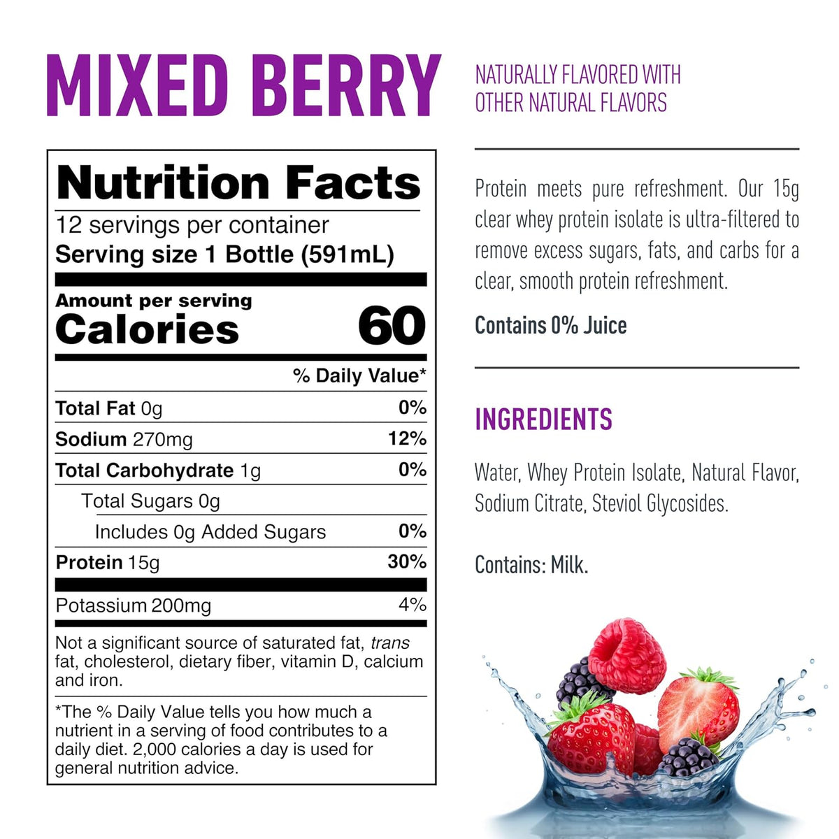 Isopure Clear Protein Water with Electrolytes Mixed Berry 20 oz, 12ct