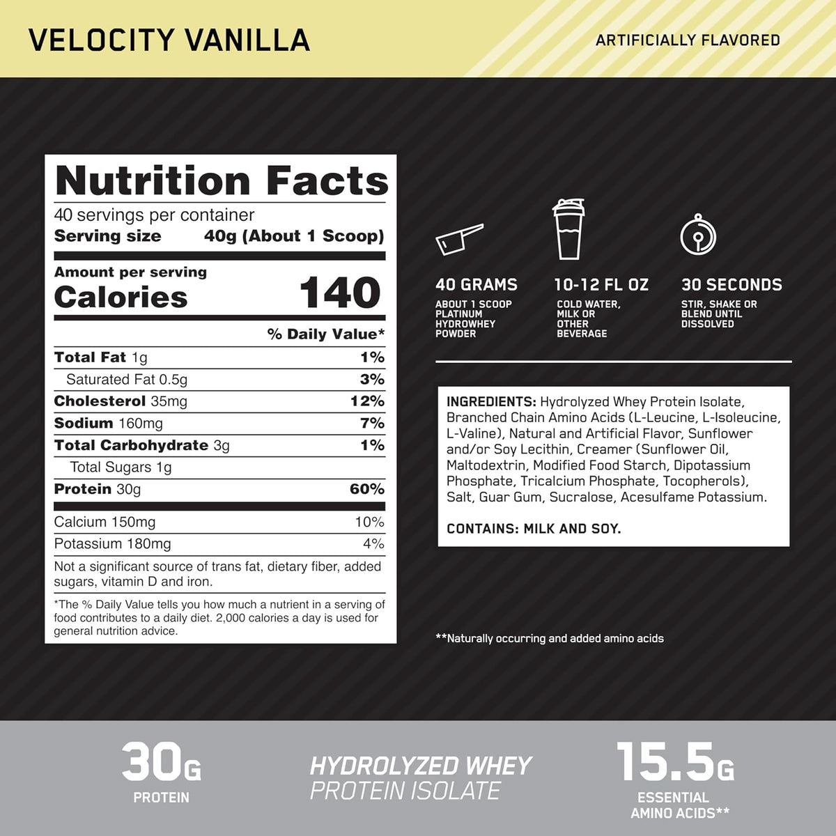 Optimum Nutrition Platinum Hydrowhey Protein Powder, Velocity Vanilla,3.5LB