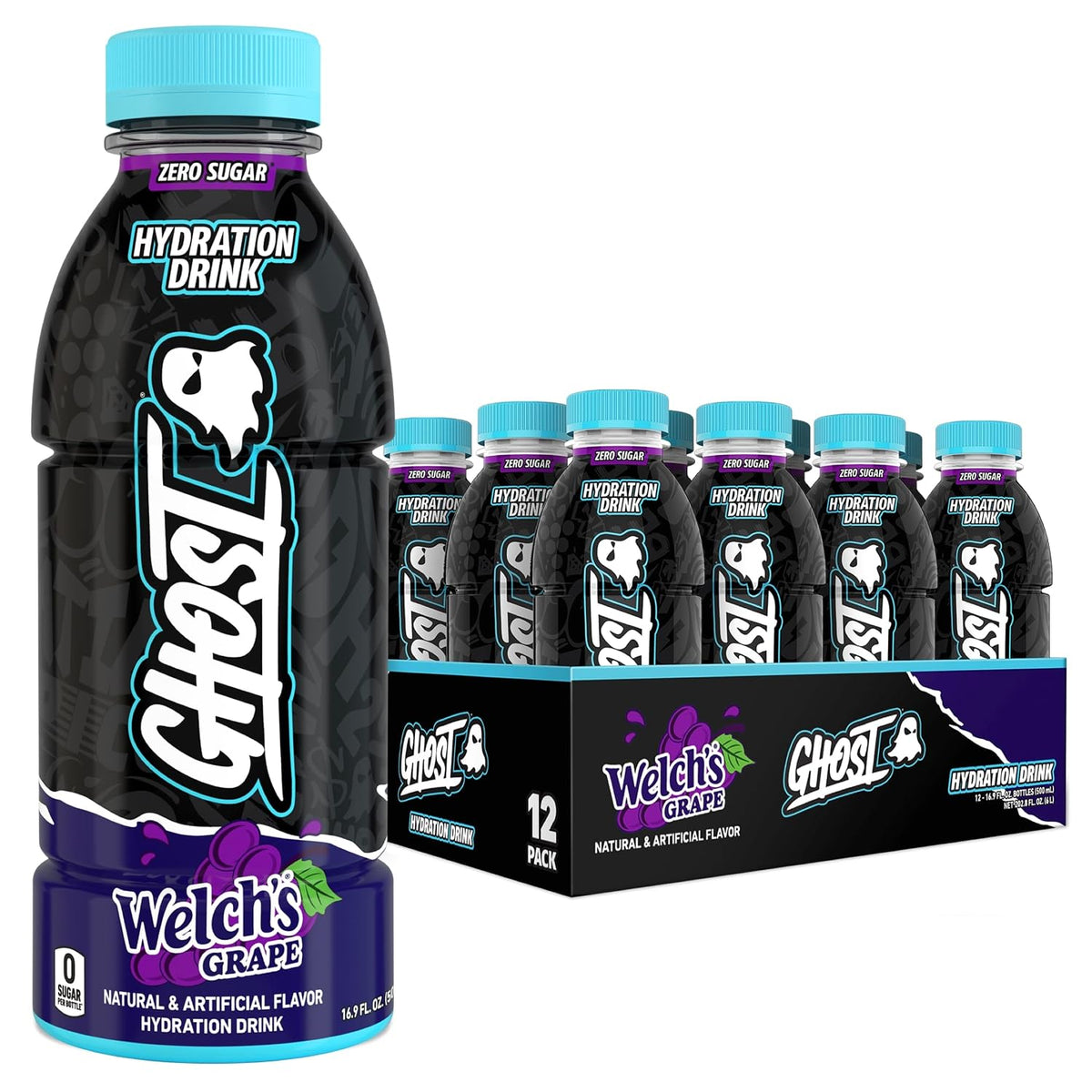 GHOST Hydration Drink, Zero Sugar, 12 Pack, Welch’s Grape - 16.9 Fl Oz