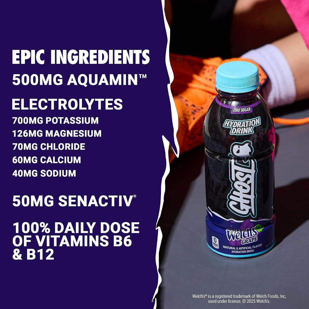 GHOST Hydration Drink, Zero Sugar, 12 Pack, Welch’s Grape - 16.9 Fl Oz